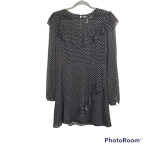 Avec Les Filles clip dot mini black and silver ruffle long sleeve dress size 6